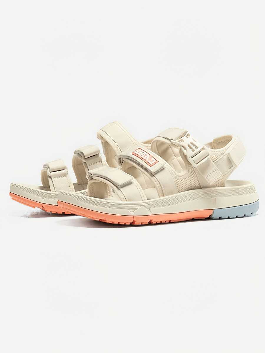 Beige women's thick bottom breathable beach sandals with anti-slip sole and hook & loop closure, perfect for outdoor use.